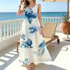 Women's Sleeveless A-Line Maxi Dress,Lightweight Fresh Blue & White Print Beach Vacation Dress,Summer Casual Fashion