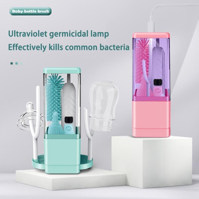 Portable Sanitization Electric Bottle Brush Featuring Build In Drying Rack & Included Silicone Nipple Brush for Home