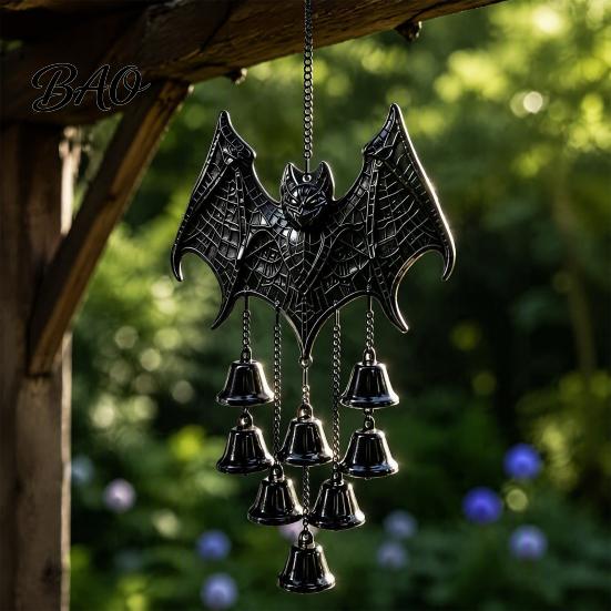 Bat Shaped Yard Decorations Gothic Metal Wind Chime, Halloween Hanging Ornament with Multiple Bells, 3D Durable Black Chime Embossed Decor for Indoor