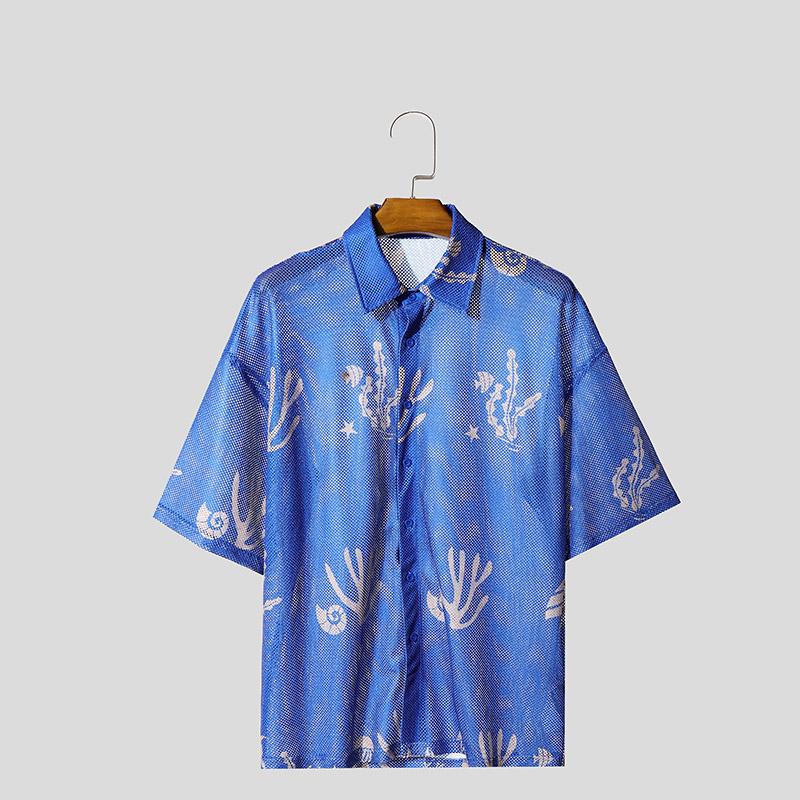 INCERUN Herren Kurzarm Hemd zum Knöpfen Ausgeschnitten mit Print Sommer Herren Hemden Streetwear