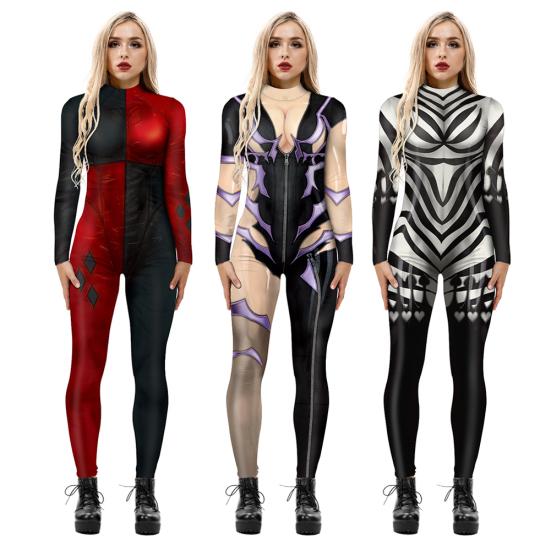Damen Halloween Langarm Digitaldruck Slim Jumpsuit Bodysuit Cosplay Kostüm