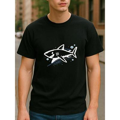 Europäische Größen Herren Lässiges Kurzarm-Rundhals-T-Shirt mit Ozean-Hai-Print | Vielseitiges Alltags-Oberteil, Stoff mit mittlerer Dehnbarkeit, Rundhalsausschnitt