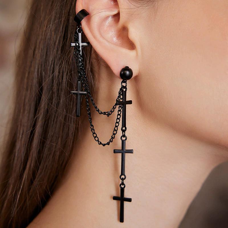 Punk Black Cross Long Tassel Earrings Gothic Double Layer Chain Cuff Earrings For Women Party Jewelry