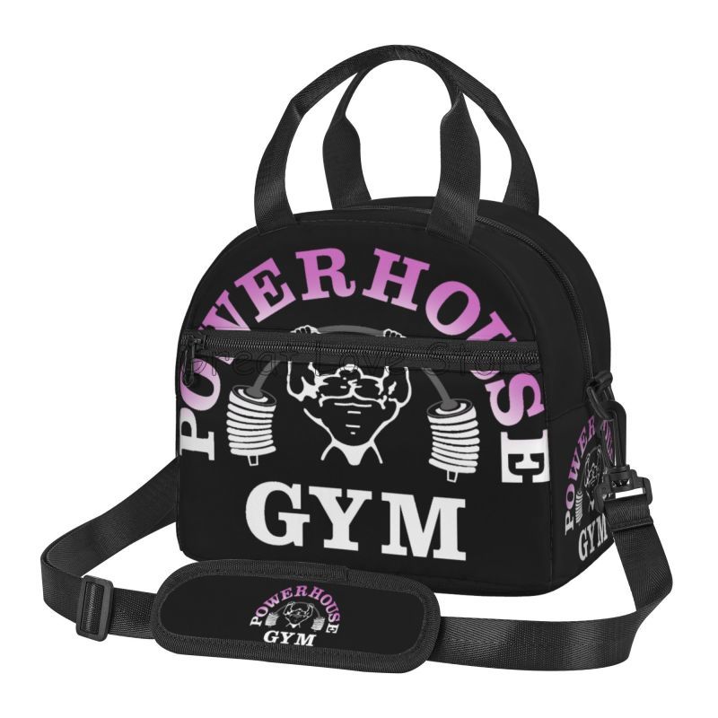 Powerhouse Gym Logo Print Thermal Lunch Bag with Adjustable Shoulder Strap Insulated Lunch Box Reusable Portable Bento Tote Bag