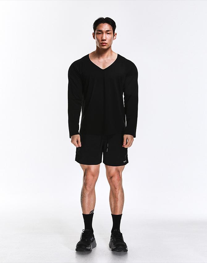 Rvd Cotton Modal Wide Y-Neck Long Sleeve Tee (Black) Bl/L