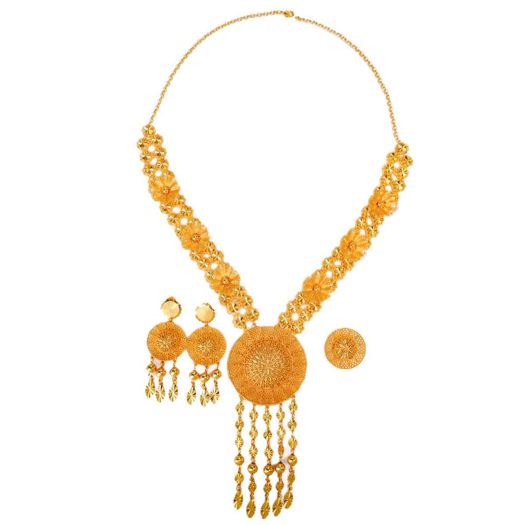 Retro Dubai Schmuckset: Hohle Blume Lange Quaste Halskette, Ohrringe und Ring
