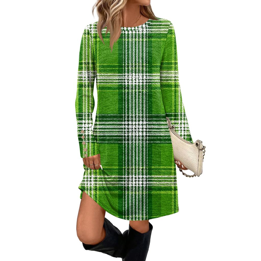 Women's Fashionable Round Neck Long Sleeved St. Patrick's Day Printed Pocket Button Casual Dress