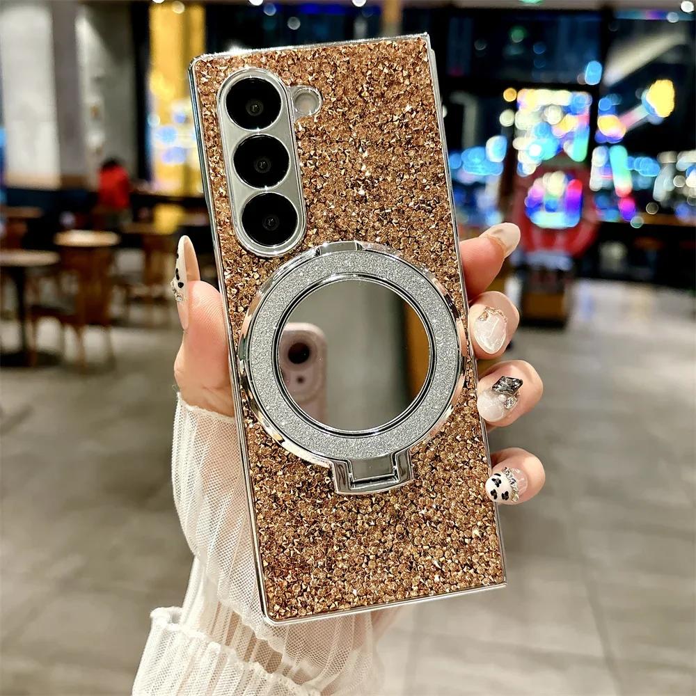 Luxurious Fashion Glitter Mirror Stand Magnetic Phone Case for Samsung Galaxy Z Fold 7 6 5 6 4 Plating Bling Diamond Back Cover