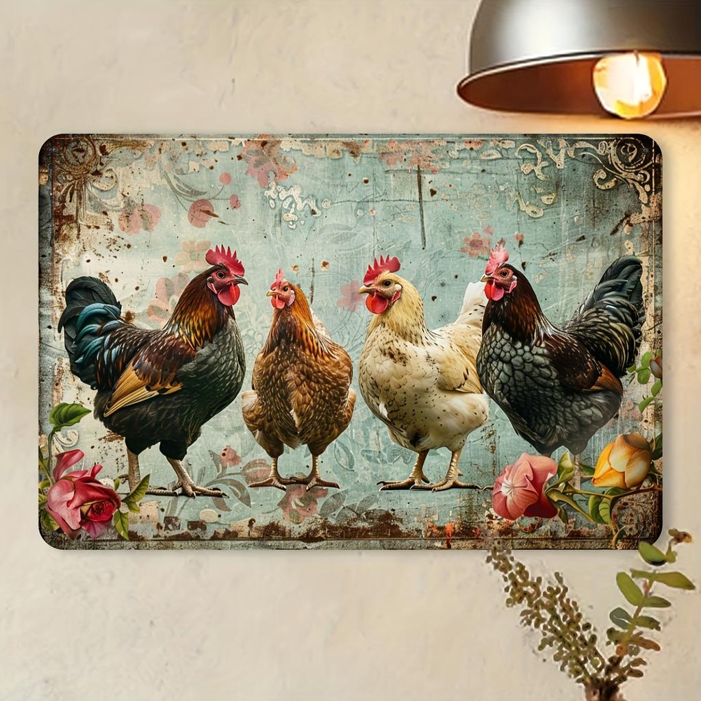 Vintage Chicken Metal Wall Art Sign – Rustic Iron Decor with Colorful Chickens & Floral Design, 30.48x20.32 Cm, Indoor/Outdoor U