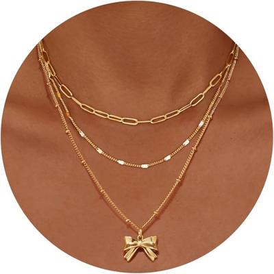 Fashionable, Simple, Stackable, Exquisite. Gold-plated Fashionable Bow-shaped Paperclip Pendant Necklace.