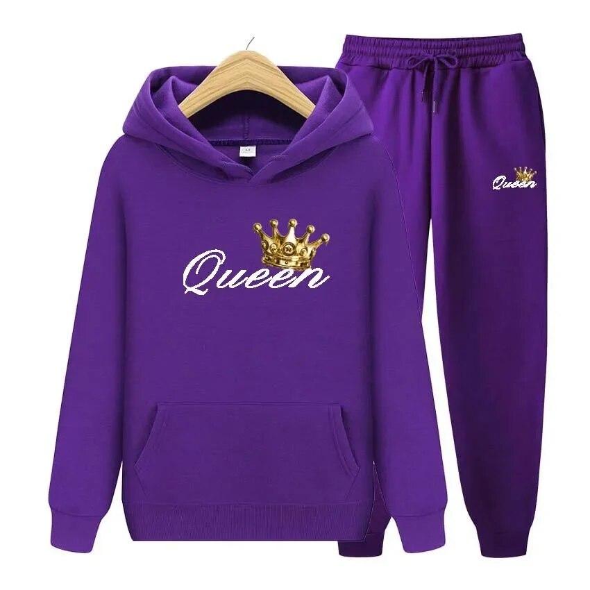 Queen Printing Autumn Winter Hoodies+Pants Two Piece Set  Womens Hoodies Tracksuits Jogger Pants thick Warm Clothes