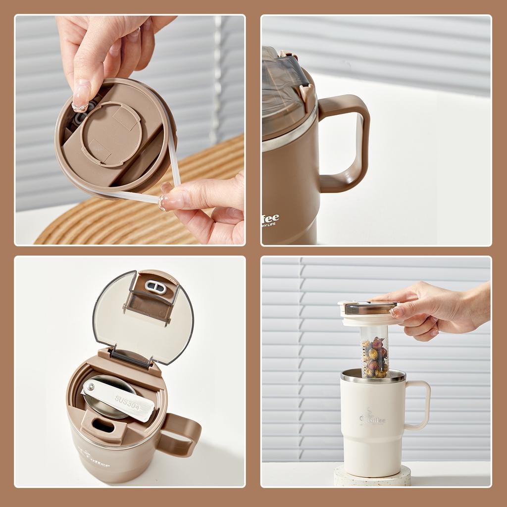 WORTHBUY Double-Wall Thermal Insulated Coffee Mug 304 Stainless Steel Water Cup With Spoon&Tea Strainer Leak-proof Drinking Cup