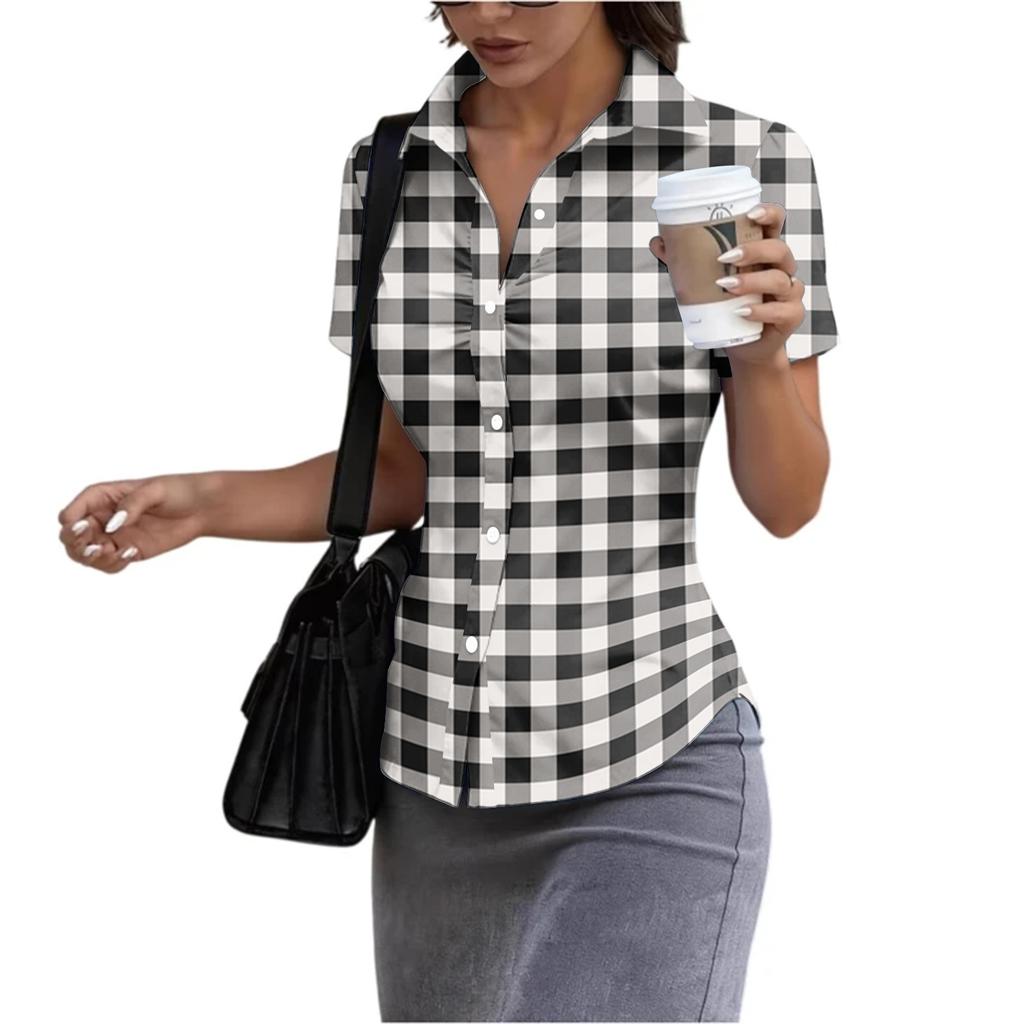 Women Short Sleeve Collared Shirt Slim Fit Button Down Casual Office Workwear Blouse Stretch Fabric Summer Top