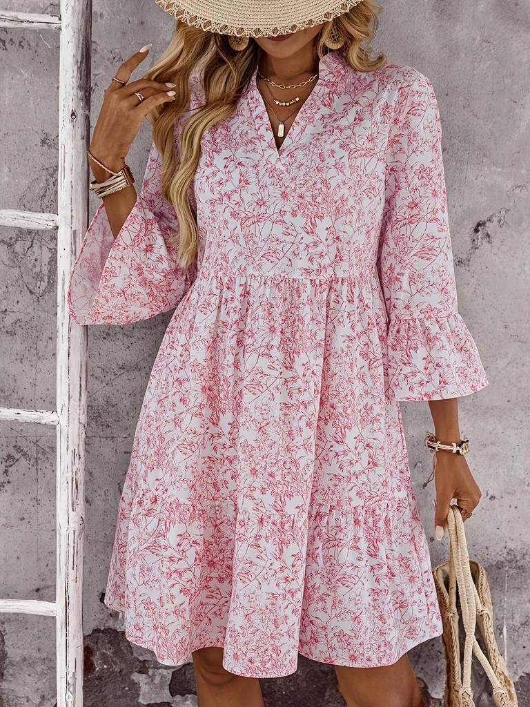 European & American Style Floral Bell Sleeve V-neck Midi Dress for Women
