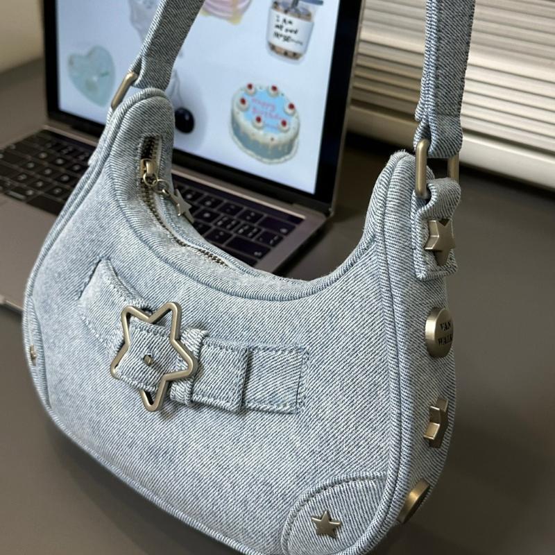 Fashion Women's Handbags Canvas Shoulder Bags Ladies Y2K Star Decor Underarm Bag Vintage Clutch Purses Casual Women Hobo Bags