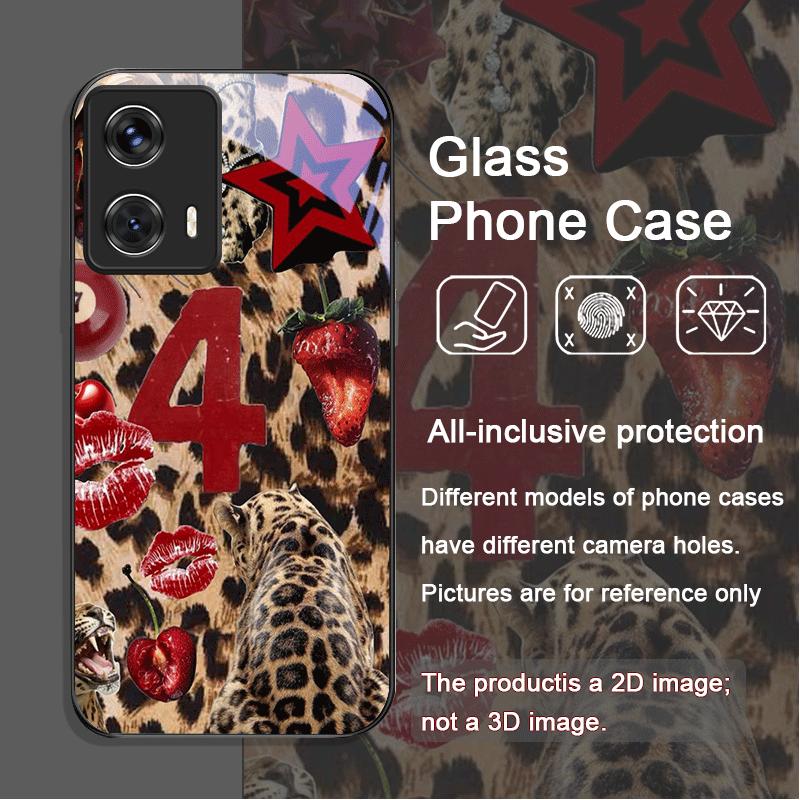 

Strawberry Bow Leopard Print Tempered Glass Phone Case for Motorola Moto Edge 50 Fusion 40 Neo 30 Pro G85 G84 G35 G55 G04 Covers Motorola Edge 30 Pro