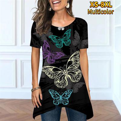 Γυναικείο T-shirt με στρογγυλή λαιμόκοψη, κομψό T-shirt με κοντό μανίκι, πουλόβερ με εκτύπωση πεταλούδας, καλοκαιρινά casual T-shirts, γυναικεία τοπ