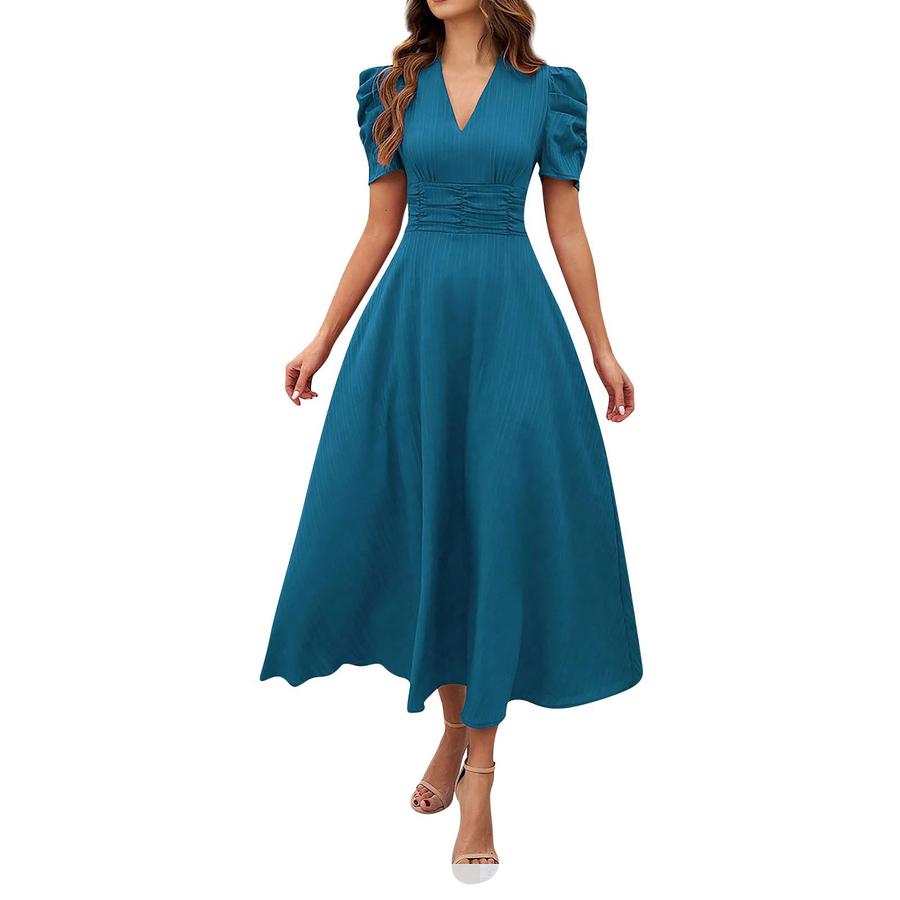 Summer Women's Fashion Chic High Waist Solid Short Sleeve Ruched Dress