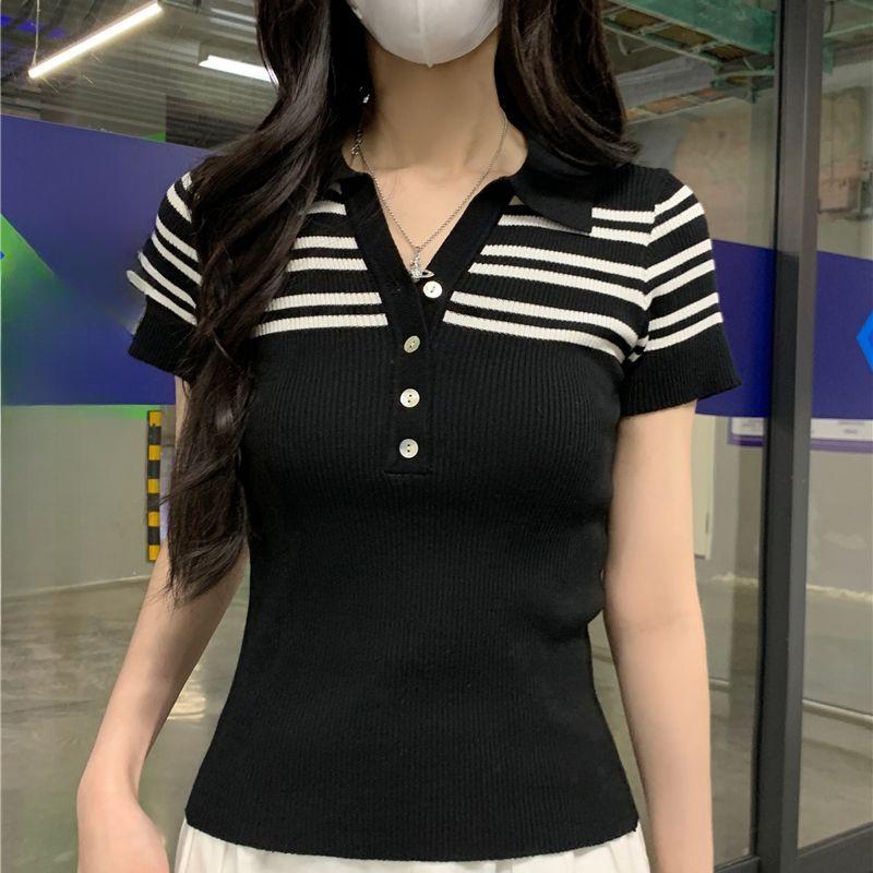 

Футболка с полуоткрытым вырезом, с короткими рукавами, с новым дизайнерским чувством, вязаный свитер и короткий топ для женщин на лето one size чёрный