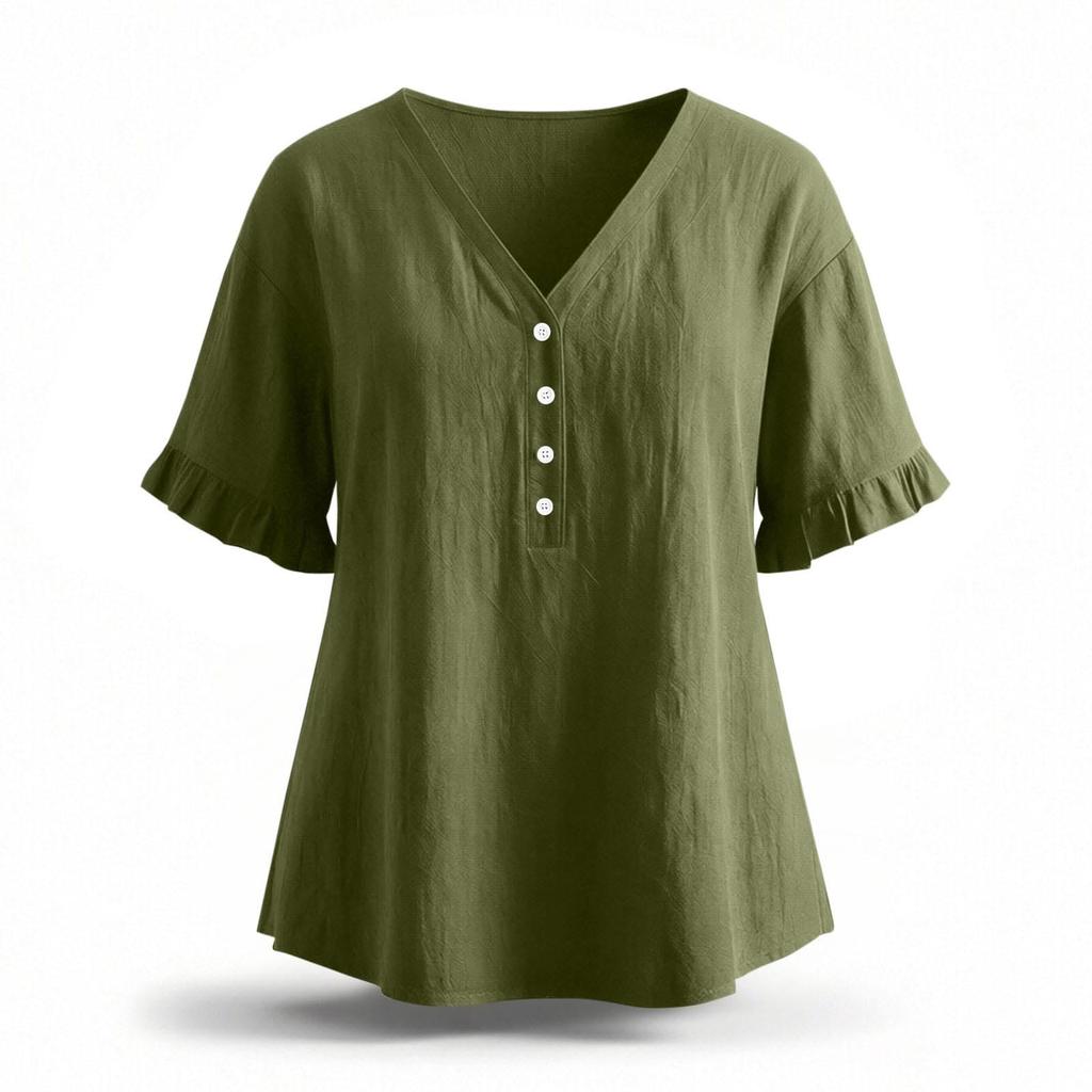 Women’s Casual Button Front Ruffle Sleeve Shirt Loose Fit Cotton Linen Blouse Relaxed Fit V Neck Top for Daily Wear