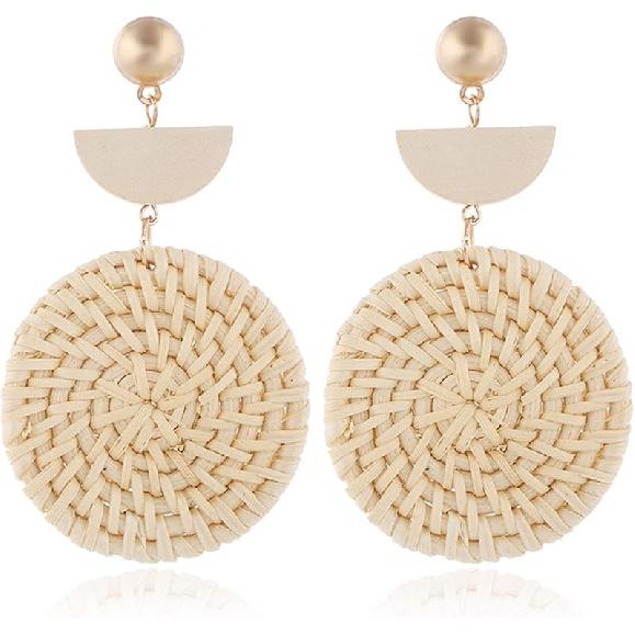 Round Semicircle Geometric Shaped Handwoven Rattan Dangle Earrings Cute Bohemian Lightweight Drop Earring Handmade Rattans Jewelry Accessory for