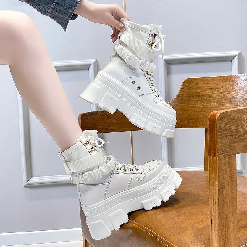Fashion 7CM Green Punk Chunky Platform Motorcycle Boots Women Autumn Winter Gothic Shoes Woman Thick Bottom Lace Up Ankle Botas Mujer
