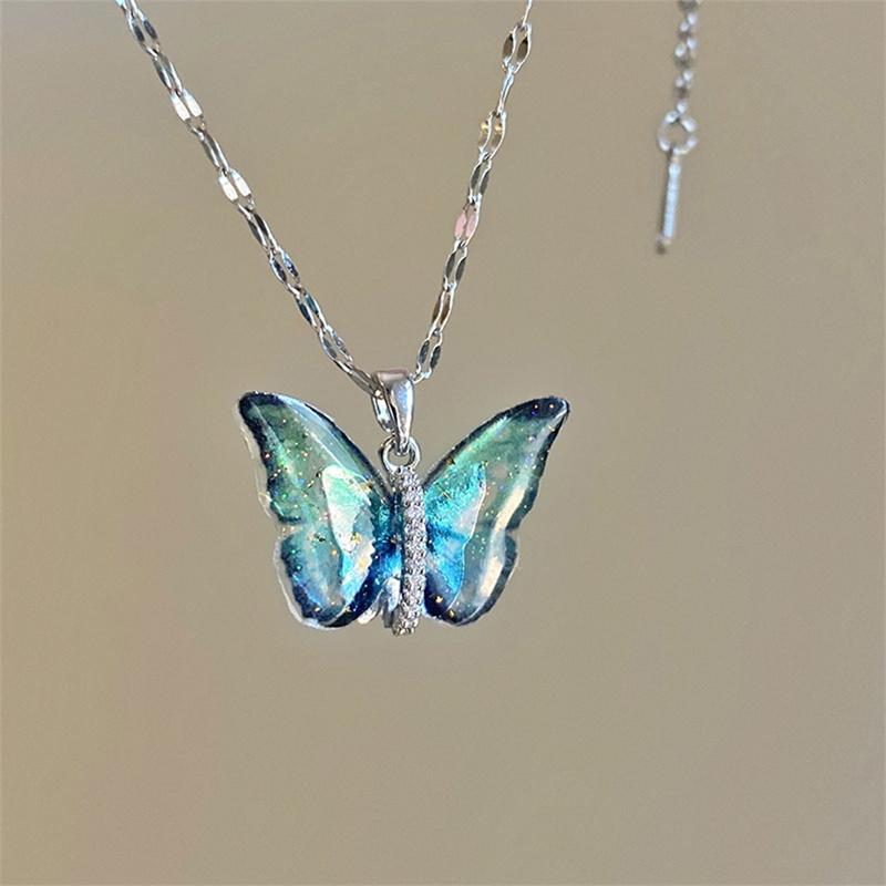 Trendige Titanstahl Schloss Halsband Kette mit buntem Schmetterling Anhänger