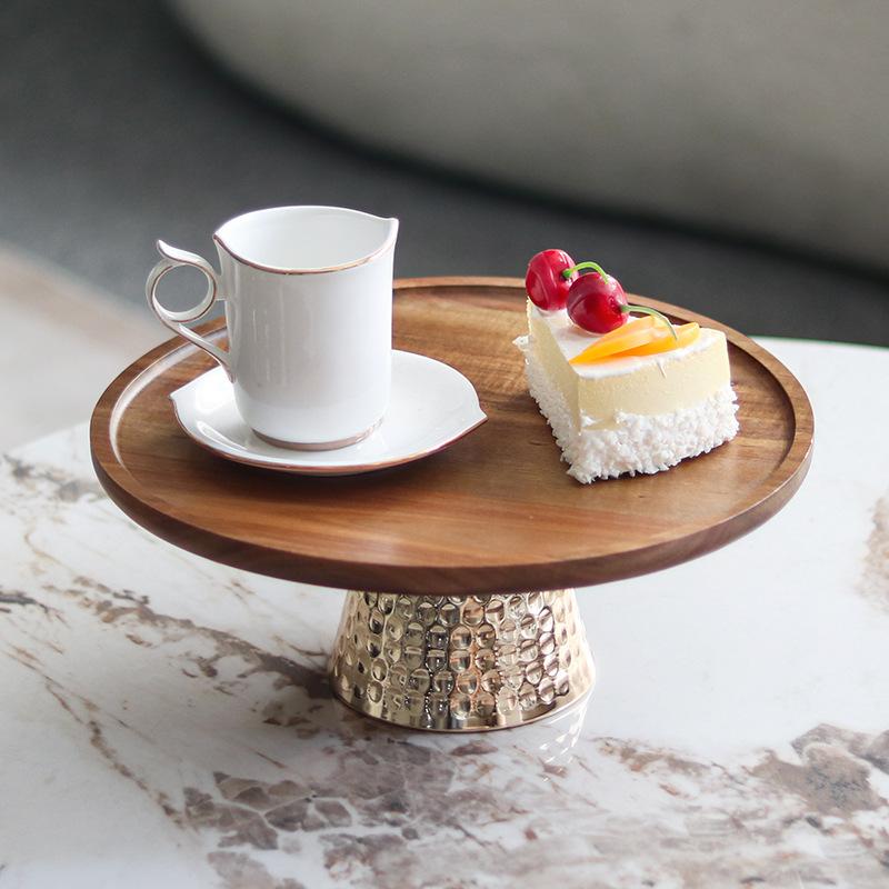 Light Luxury and High Feet Metal Hammer Base Fruit Bowl Ornaments Home Solid Wood Cake Dessert Display Tray Decorations Plate