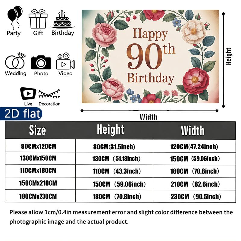 Vintage Floral 90th Birthday Party Banner, Polyester Backdrop for Home Room Wall Decor
