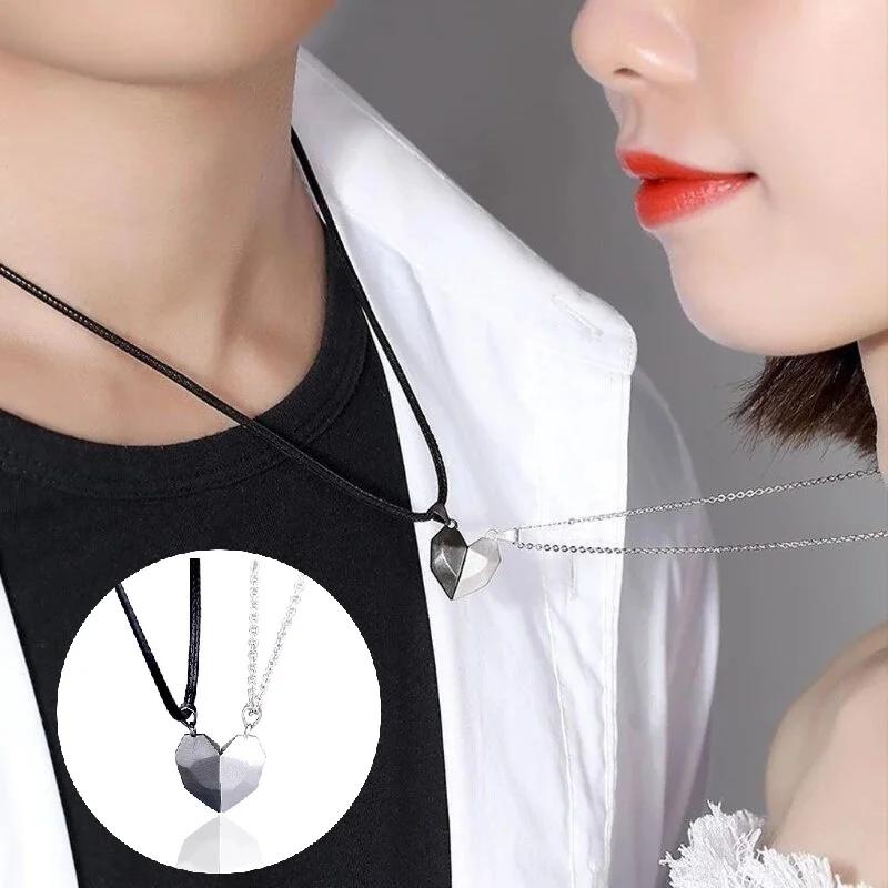 Love Magnet Magnet Couple Necklace Peach Heart Magnet Couple Necklace A Pair Of Heart-shaped Pendant Collarbone Chains Necklaces