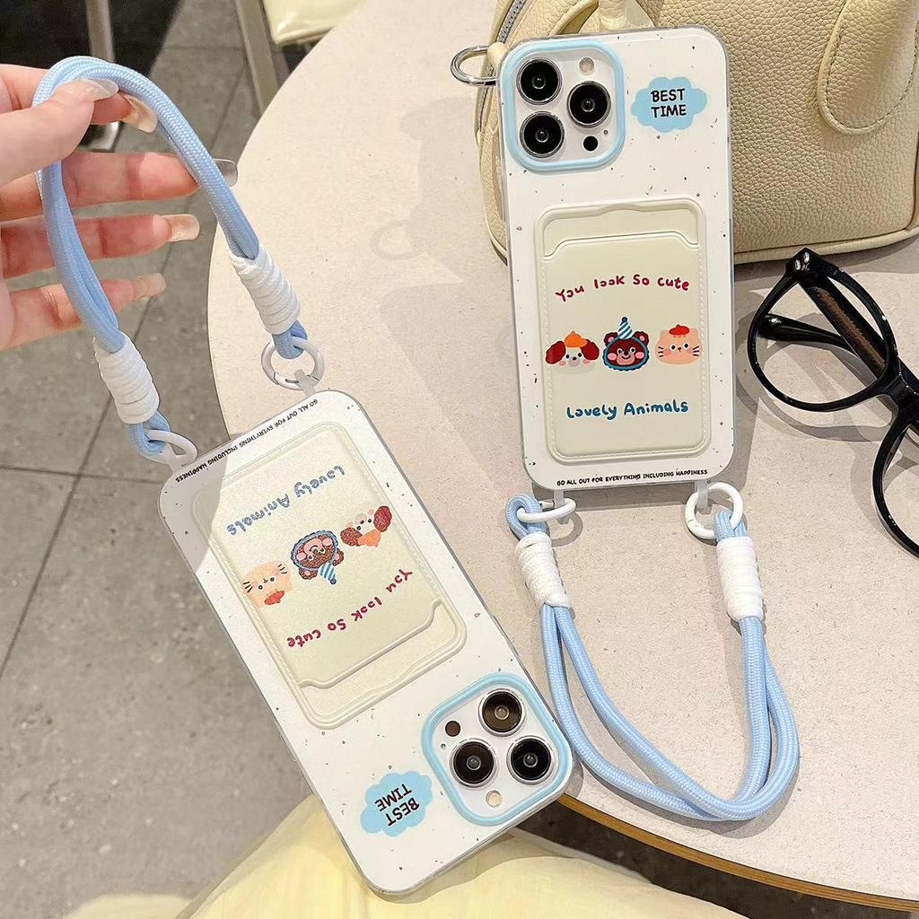 Three Animal Lanyard In English Apple 16promax15 Phone Case  Iphone14 Protective Case  Creative Cartoon