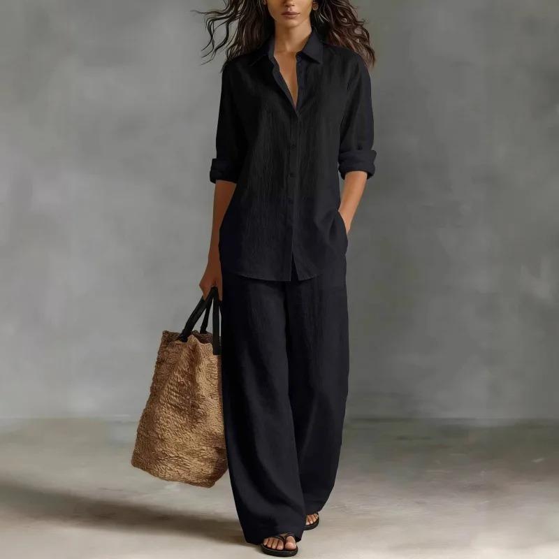 Fashion Linen Shirt Long Sleeved Women's Set Spring Autumn Loose Wide Leg Trousers Female Office Set