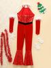Girl Jazz Latin Cheerleading Dancewear Christmas Costume New Year Holiday Party Performance Suit Sequins Jumpsuit with Arm Sleeve
