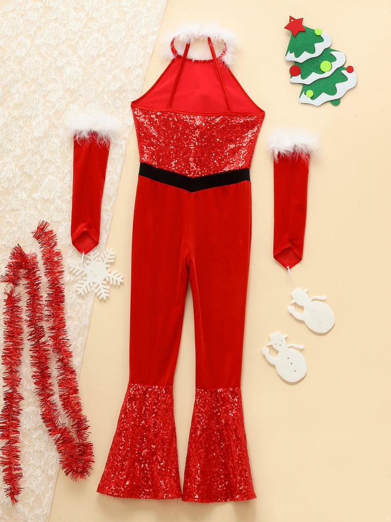 Girl Jazz Latin Cheerleading Dancewear Christmas Costume New Year Holiday Party Performance Suit Sequins Jumpsuit with Arm Sleeve