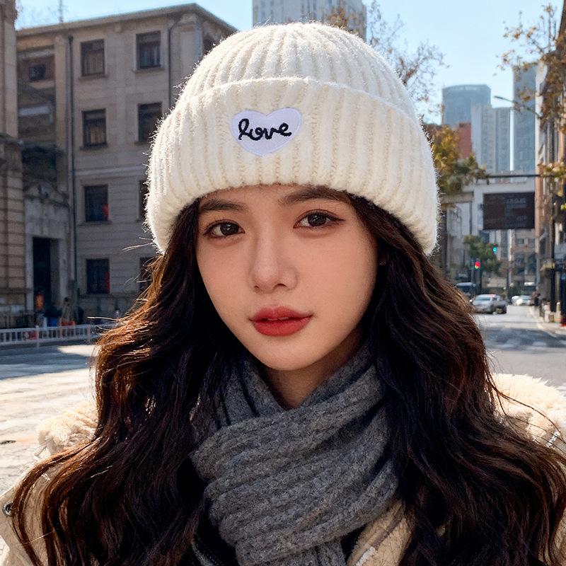 Autumn and Winter Warmth, Love Letter Embroidered Hat, Women's Big Head, Knitted Hat, Ear Protection, Cold Protection Beanie