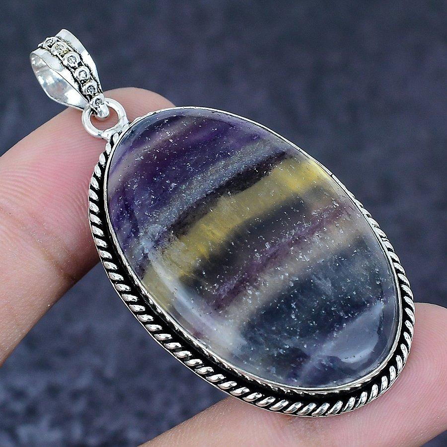 Fluorite Gemstone Handmade 925 Sterling Silver Jewelry Pendant 2.36" i7h08