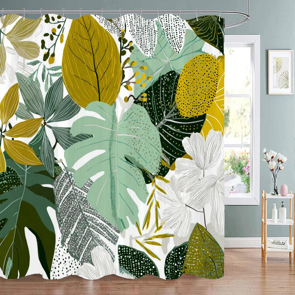 Green Plants And Leaves Tropical Leaf Shower Curtain, Bathroom Decorative Shower Curtain, Print Fabric Home Curtain With Hooks