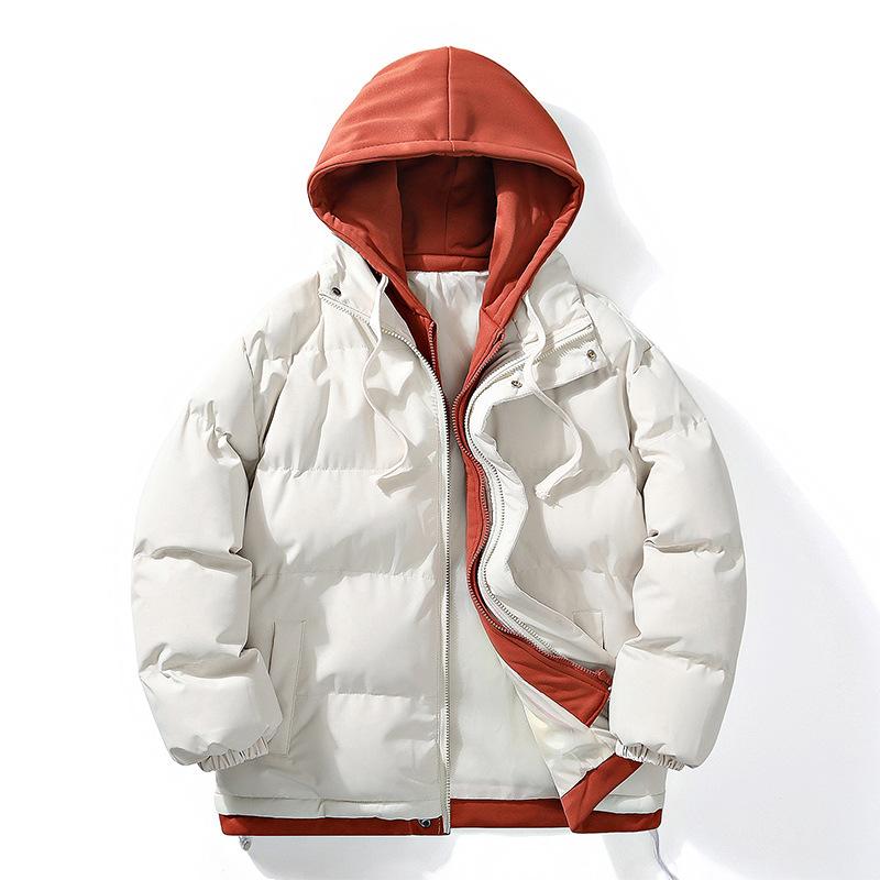 Hong Kong Style Winter Cotton Clothes Fake Two Pieces Trendy Handsome Short Men's Hooded Thickened Cotton-padded Clothes Hooded Loose Men's Insurance