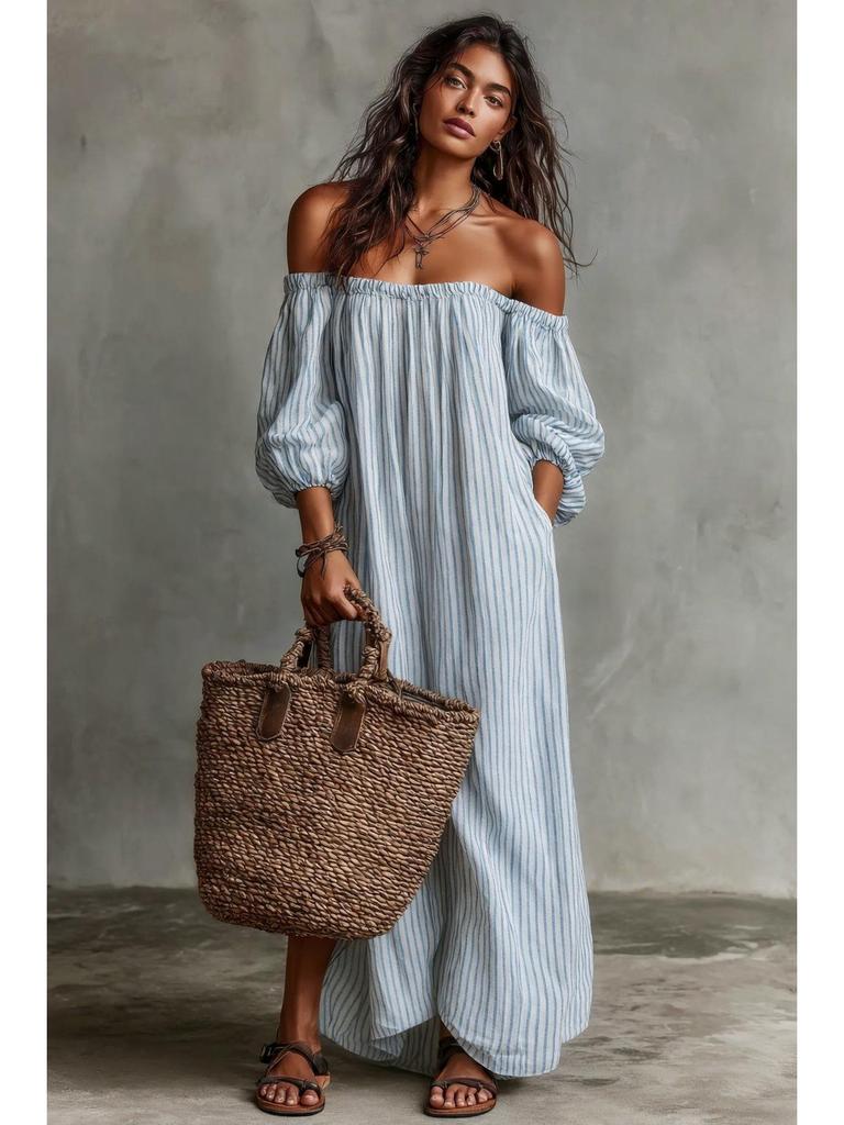 In Stock 2026: New European & American Style Women's Off-the-Shoulder Striped Dress for Spring & Summer Vacation