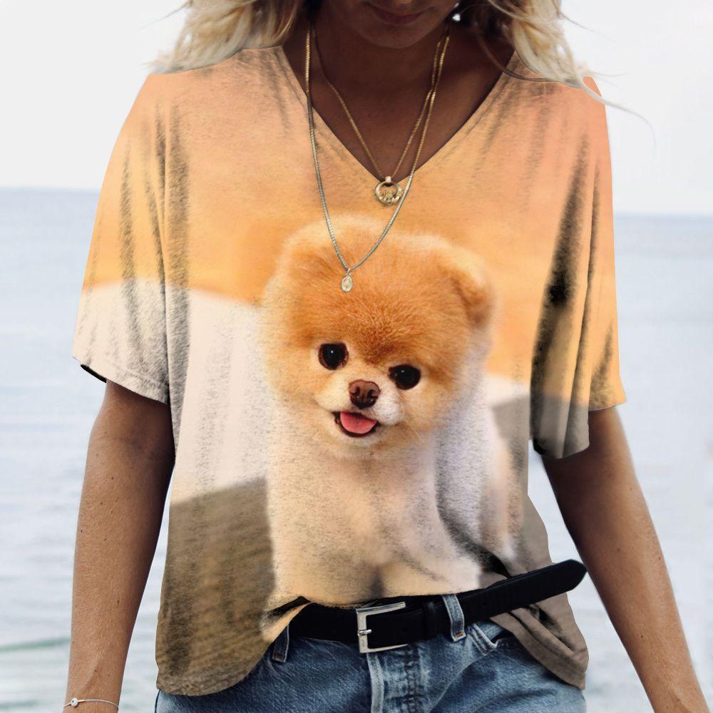 Summer V-neck 3D Dog Printed Top Fashionable Casual Short Sleeved Women's T-shirts
