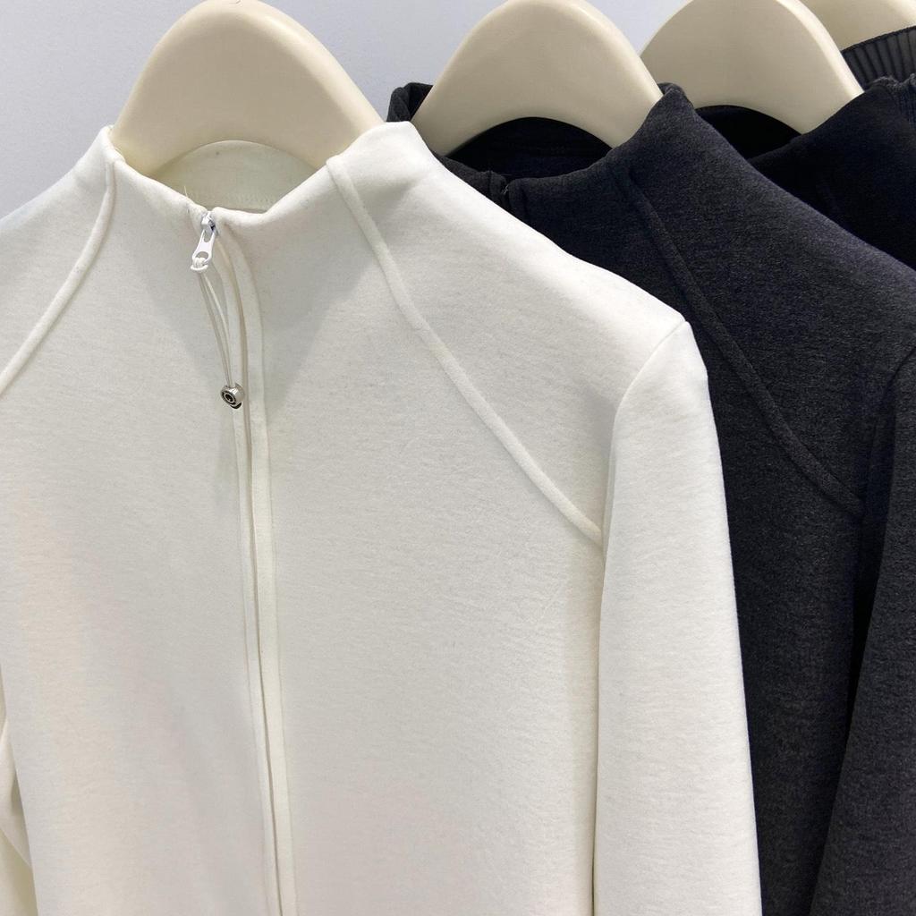 Women's Slim-Fit Thermal Fleece Jacket - Half-High Collar, Double Zipper, Long Sleeve, Autumn/Winter Warm Top