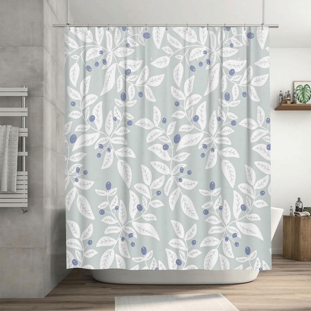 White Floral Shower Curtain With Blue Berries Bathroom Decor Waterproof Fabric Removable For Home Decoration Light Green Small S