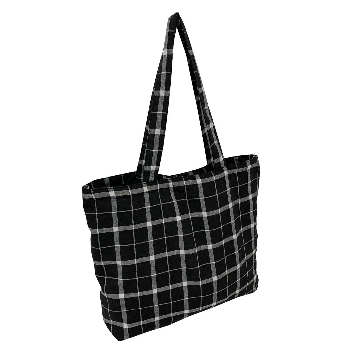 

Японский стиль клетчатая полосатая холщовая сумка, повседневная сумка-тоут для поездок на работу чёрный