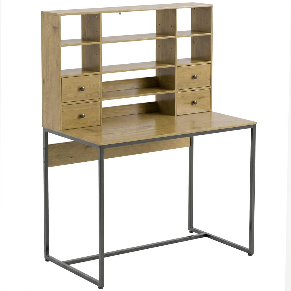Computer Desk, 4 Drawers, 105 x 60 cm, Open Shelves, Natural Wood