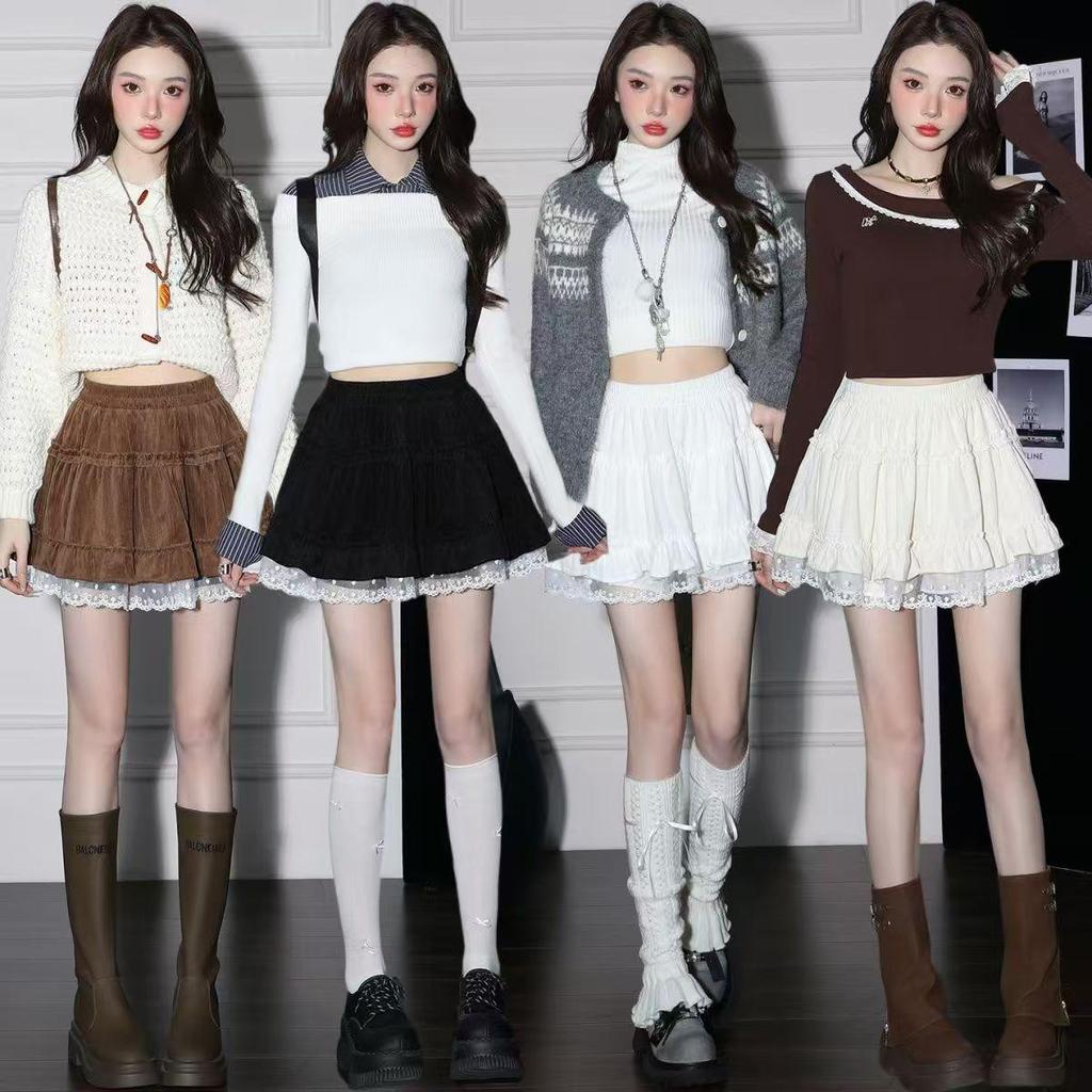 Lace-Trimmed A-Line Flare Skirt for Women - High Waist, Slimming, Sweet Style for Autumn/Winter 2025