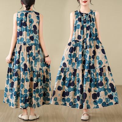 Real Summer New Literary and Retro Loose Printing Cotton and Linen Stand-up Collar Sleeveless Dress Women's Long Dress