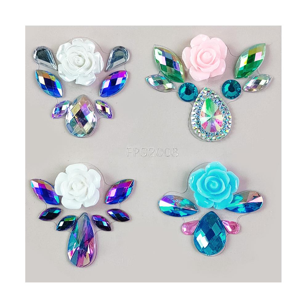 Festival Party Body Art Temporary Tattoo Sticker Set Rhinestone Face Gem & Rainbow Flower Jewels Adhesive for Body Decorations