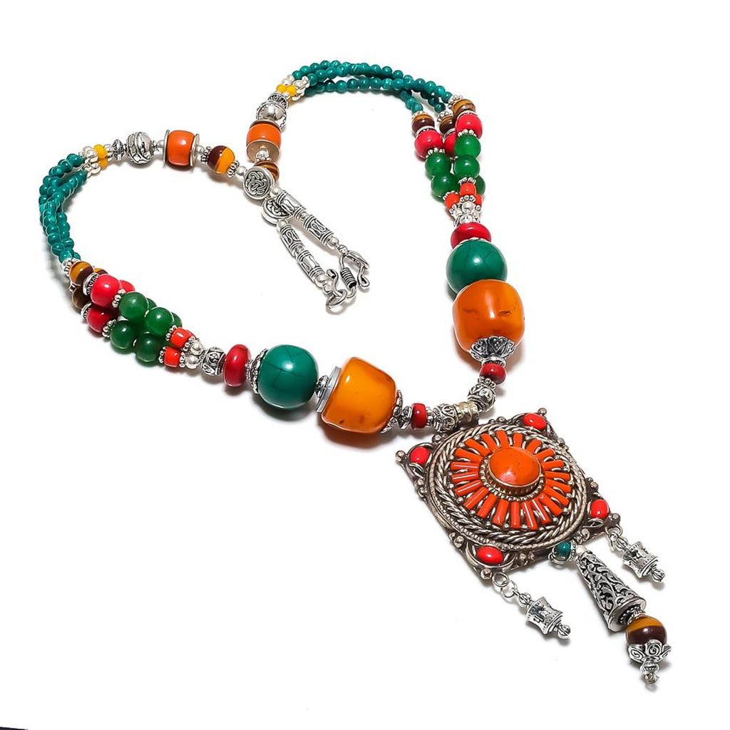 Coral Amber Multi Onyx Necklace Tibetan Cabochon Nepali Beads Jewelry 18" NA 846