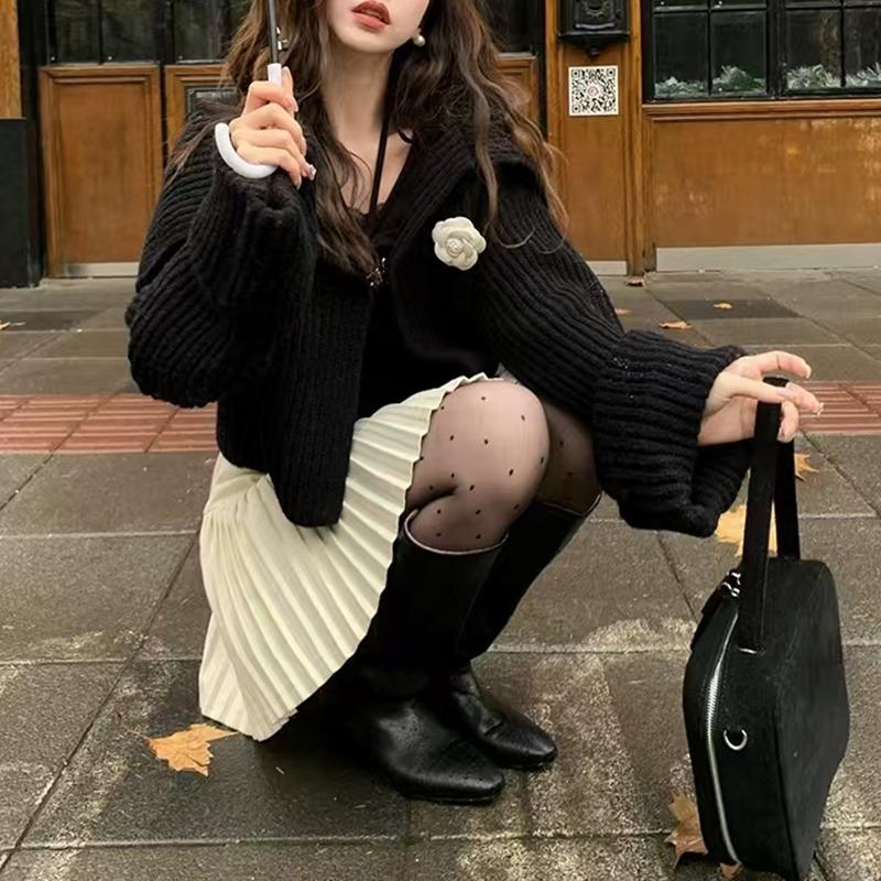 Elegant Knitted Cardigan Women Short Sweater Jacket Spring and Autumn Long Sleeve Casual Korean Fashion Lapel Coats Solid Simple Office Clothes