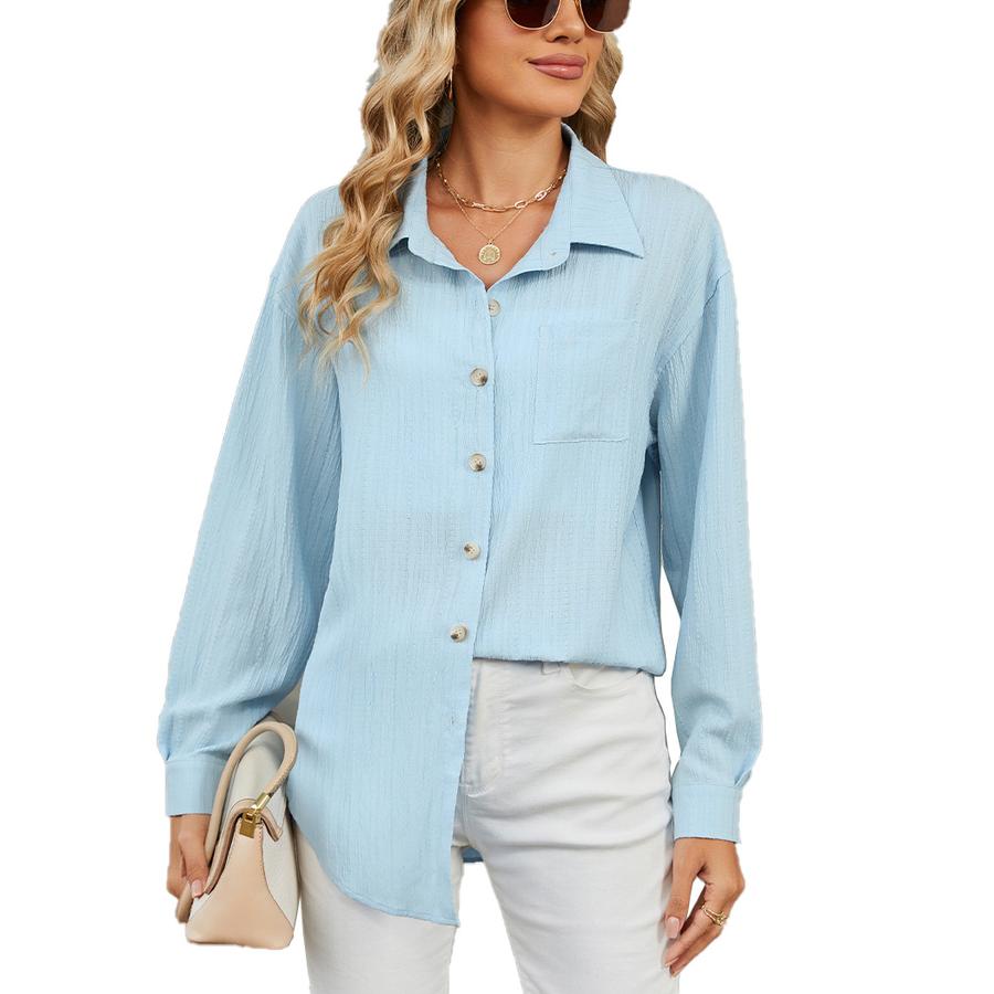 New Women's Casual Loose Long Sleeve Crew Neck Button Solid Color Shirt